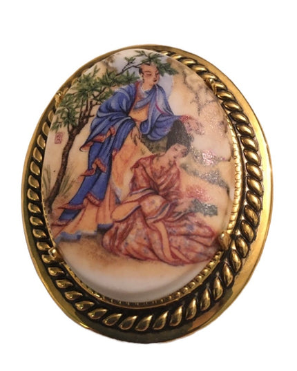 Geisha scene vintage Ceramic Cameo braided gold tone Large