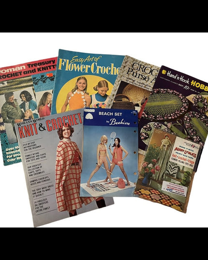 Lot of 7 pcs groovy 1970s Crochet books cape bathing suits & more! vintage