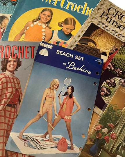 Lot of 7 pcs groovy 1970s Crochet books cape bathing suits & more! vintage
