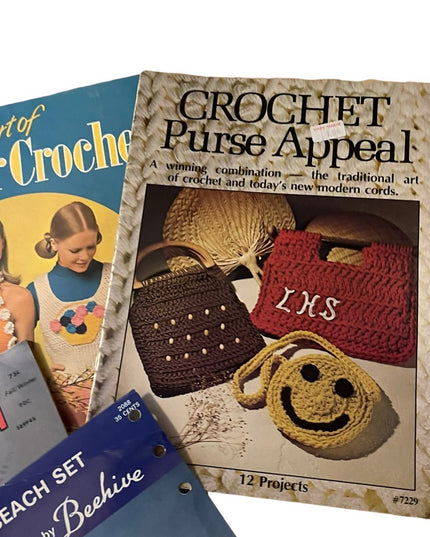 Lot of 7 pcs groovy 1970s Crochet books cape bathing suits & more! vintage