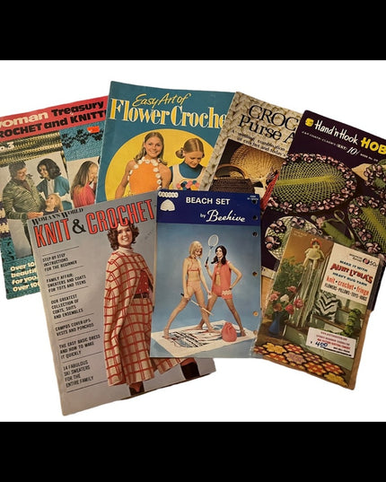 Lot of 7 pcs groovy 1970s Crochet books cape bathing suits & more! vintage