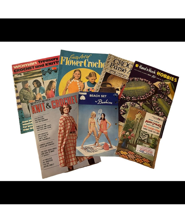 Lot of 7 pcs groovy 1970s Crochet books cape bathing suits & more! vintage