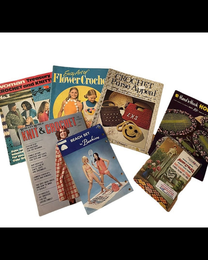 Lot of 7 pcs groovy 1970s Crochet books cape bathing suits & more! vintage