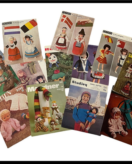 Vintage doll & toy knitting patterns Lot 12 pcs Vg cond