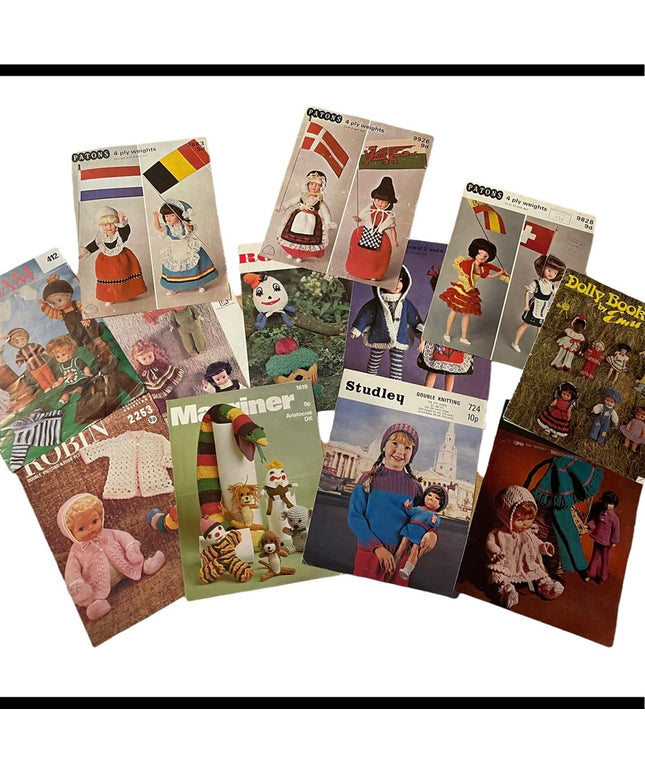 Vintage doll & toy knitting patterns Lot 12 pcs Vg cond