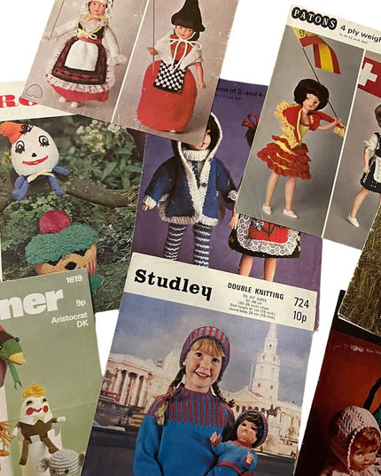 Vintage doll & toy knitting patterns Lot 12 pcs Vg cond
