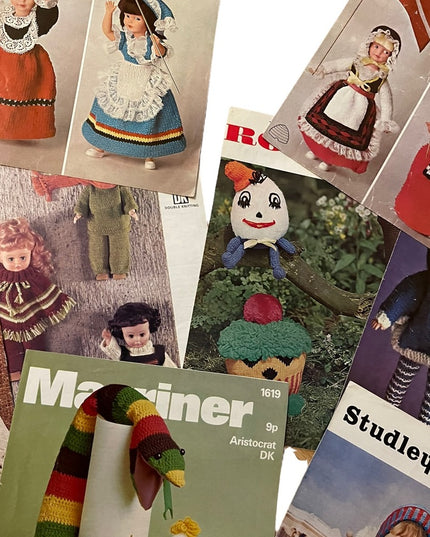 Vintage doll & toy knitting patterns Lot 12 pcs Vg cond