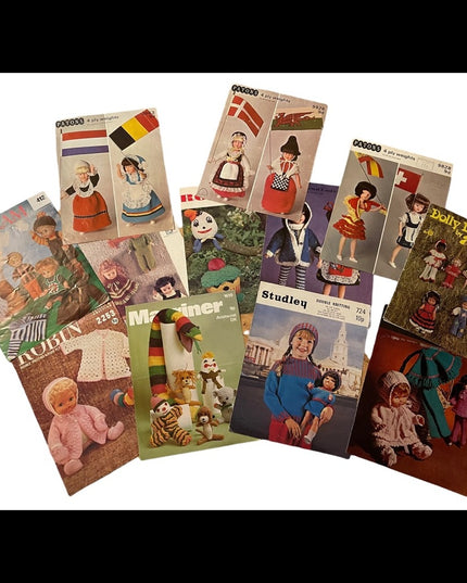 Vintage doll & toy knitting patterns Lot 12 pcs Vg cond