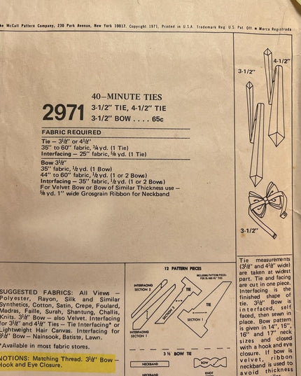 Vintage McCalls Mens tie sewing pattern #2971