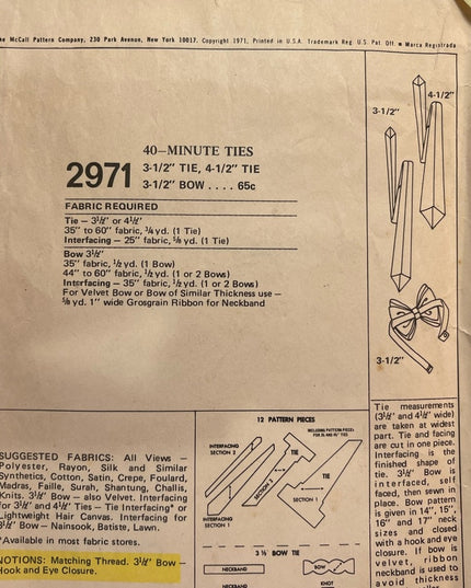 Vintage McCalls Mens tie sewing pattern #2971