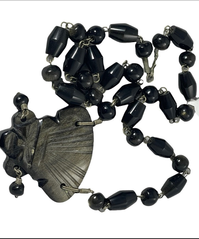 Vintage Heavy black onyx Aztec Pendant necklace