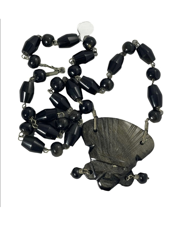Vintage Heavy black onyx Aztec Pendant necklace