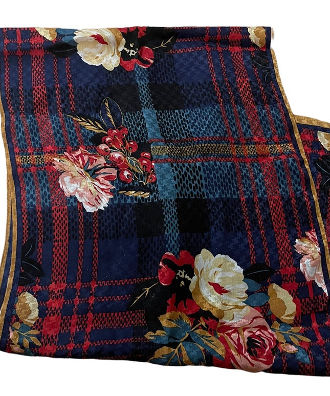 Vintage Albert Nipon flower silk scarf  colorful flowers cherries Tartan print