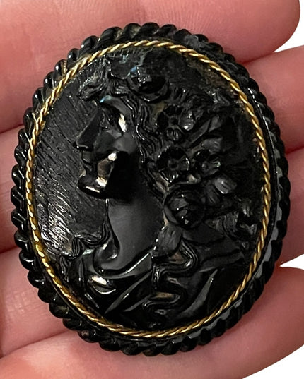 Antique Large Black Mourning JET Carved? Cameo with Gold band