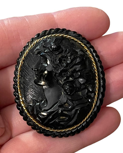 Antique Large Black Mourning JET Carved? Cameo with Gold band