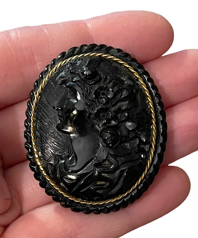 Antique Large Black Mourning JET Carved? Cameo with Gold band