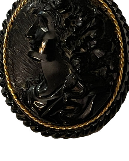 Antique Large Black Mourning JET Carved? Cameo with Gold band