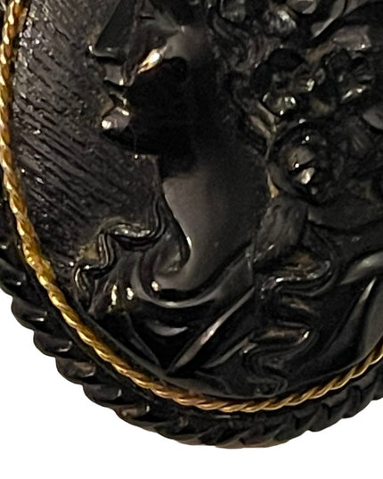 Antique Large Black Mourning JET Carved? Cameo with Gold band