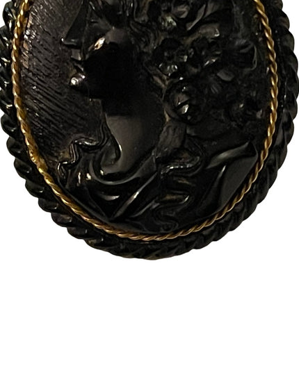 Antique Large Black Mourning JET Carved? Cameo with Gold band