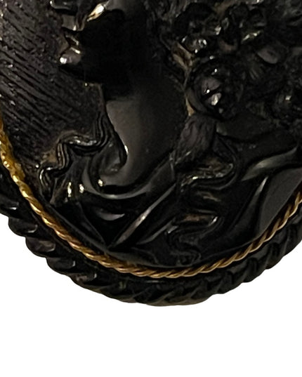 Antique Large Black Mourning JET Carved? Cameo with Gold band