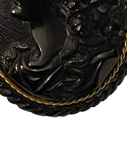 Antique Large Black Mourning JET Carved? Cameo with Gold band