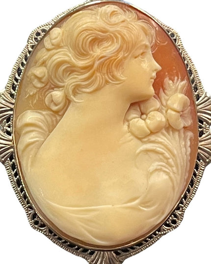 Antique Heirloom Cameo 14k White Gold Hand Carved Turn of century Large Ornate