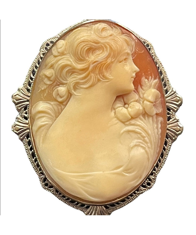 Antique Heirloom Cameo 14k White Gold Hand Carved Turn of century Large Ornate
