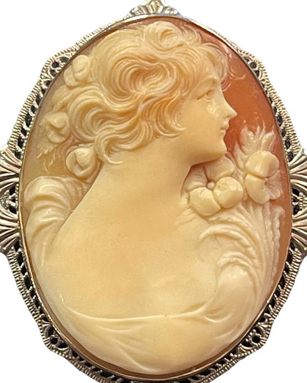 Antique Heirloom Cameo 14k White Gold Hand Carved Turn of century Large Ornate