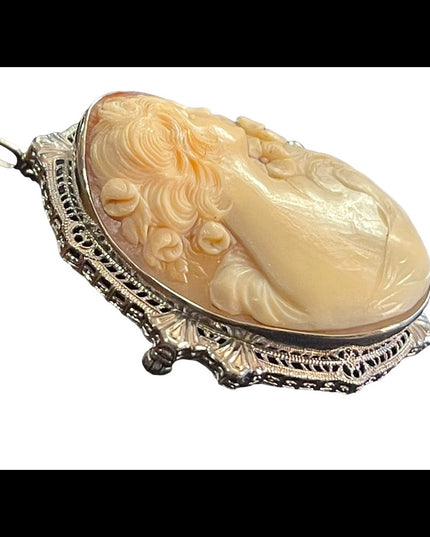 Antique Heirloom Cameo 14k White Gold Hand Carved Turn of century Large Ornate