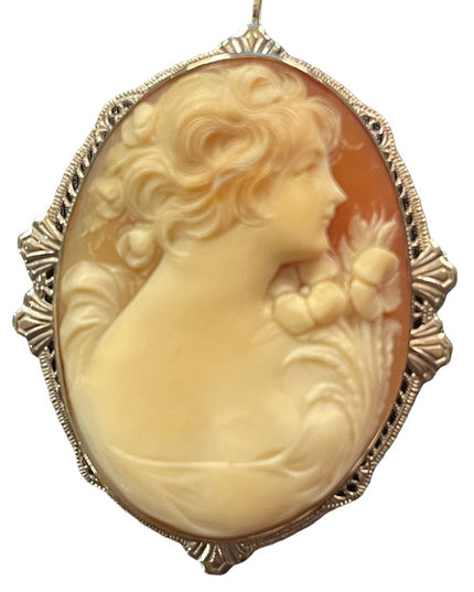 Antique Heirloom Cameo 14k White Gold Hand Carved Turn of century Large Ornate