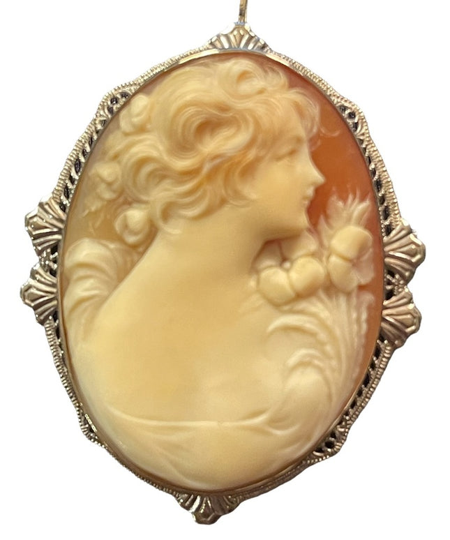 Antique Heirloom Cameo 14k White Gold Hand Carved Turn of century Large Ornate