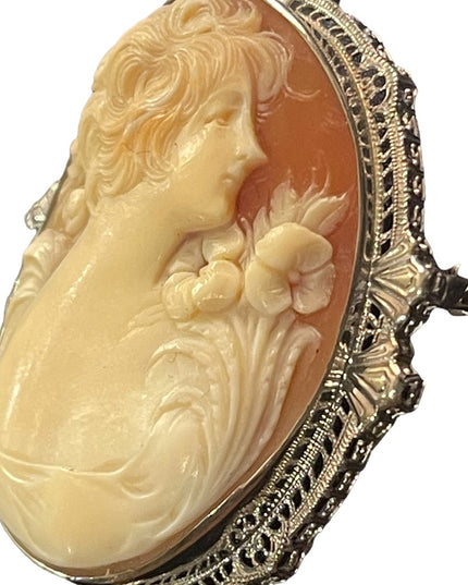 Antique Heirloom Cameo 14k White Gold Hand Carved Turn of century Large Ornate