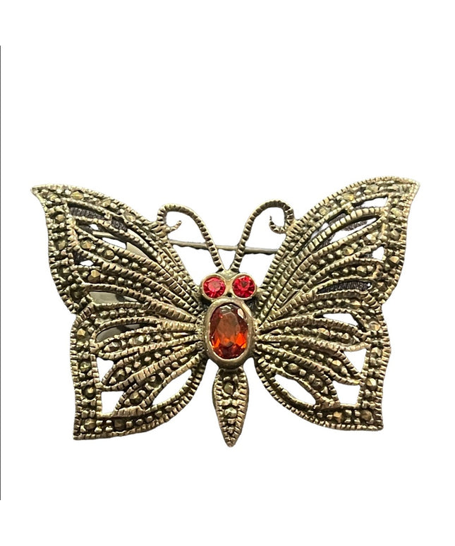 Vintage Sterling silver 925 Marcasite Garnet Butterfly brooch