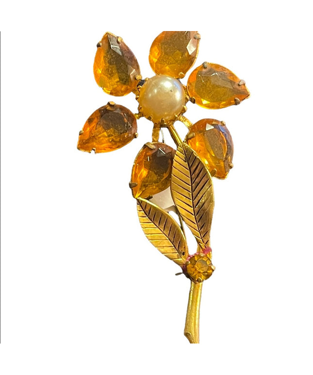 Vintage gold finish Amber crystal Juliana? flower faux pearl brooch