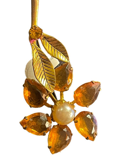 Vintage gold finish Amber crystal Juliana? flower faux pearl brooch