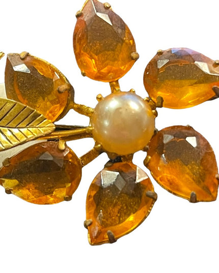 Vintage gold finish Amber crystal Juliana? flower faux pearl brooch