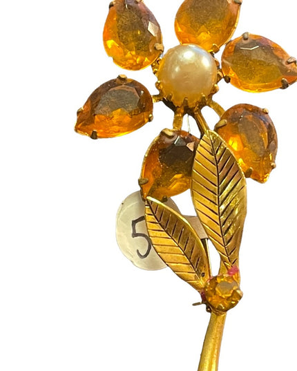 Vintage gold finish Amber crystal Juliana? flower faux pearl brooch