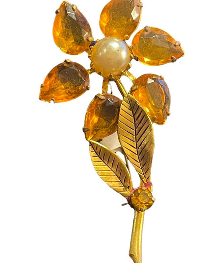 Vintage gold finish Amber crystal Juliana? flower faux pearl brooch