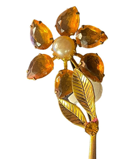 Vintage gold finish Amber crystal Juliana? flower faux pearl brooch