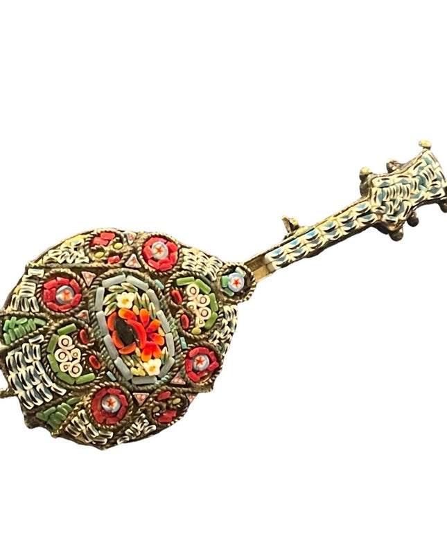 Antique Micromosaic Italy Flower glass banjo brooch flowers