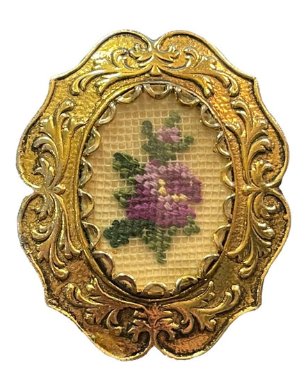 Vintage gold finish ornate petite point flower cameo brooch