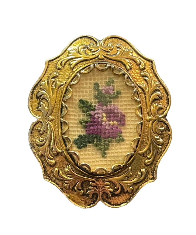 Vintage gold finish ornate petite point flower cameo brooch
