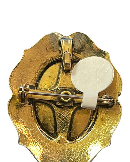Vintage gold finish ornate petite point flower cameo brooch