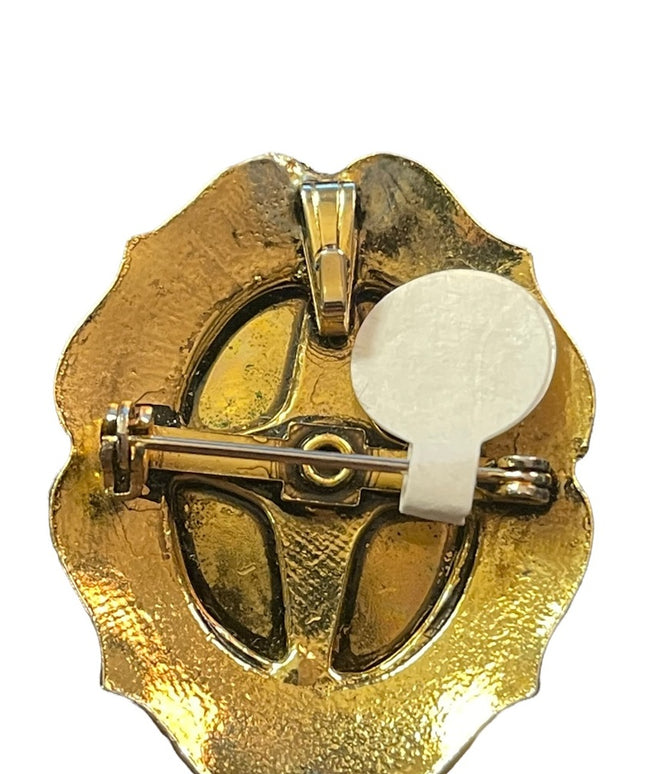 Vintage gold finish ornate petite point flower cameo brooch