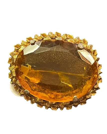Vintage gold finish large amber crystal glass chunky brooch
