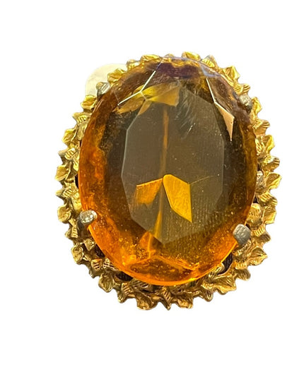 Vintage gold finish large amber crystal glass chunky brooch