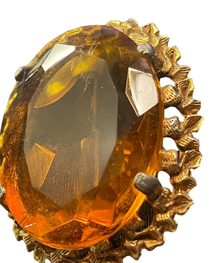 Vintage gold finish large amber crystal glass chunky brooch