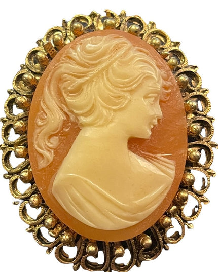 Vintage Large Cameo gold finish brooch resin