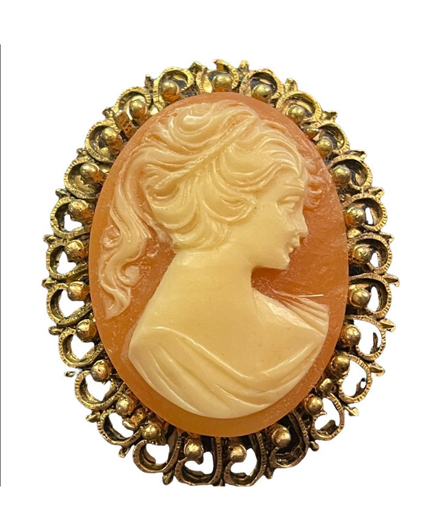 Vintage Large Cameo gold finish brooch resin
