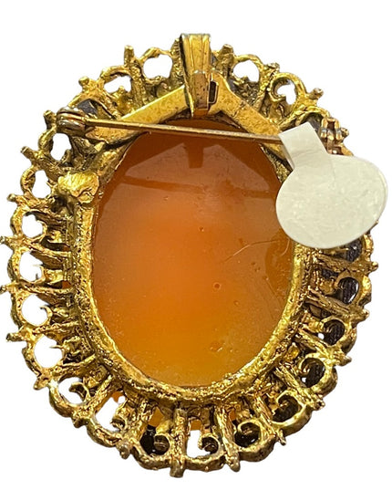 Vintage Large Cameo gold finish brooch resin